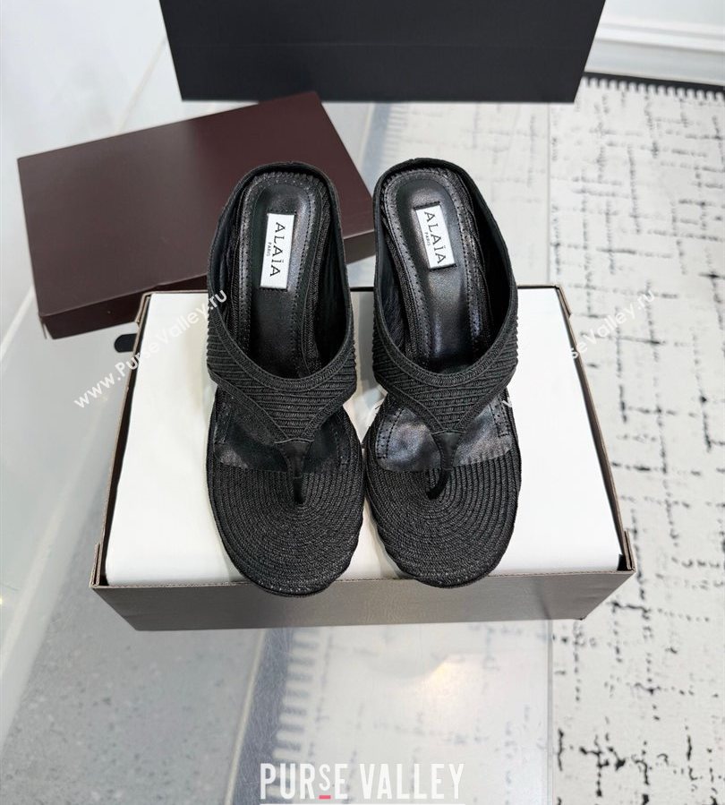 Alaia Cube Wedge Thong Slides Sandal 7.5cm in Raffia Straw Black 2025 AL060607 (KER-250709002)