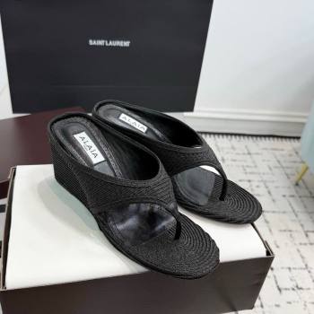 Alaia Cube Wedge Thong Slides Sandal 7.5cm in Raffia Straw Black 2025 AL060607 (KER-250709002)