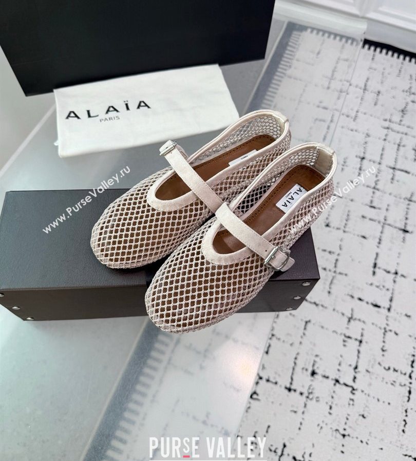 Alaia Ballet Flats in Fishnet and Suede Light Grey 2025 AL060602 (KER-250709014)