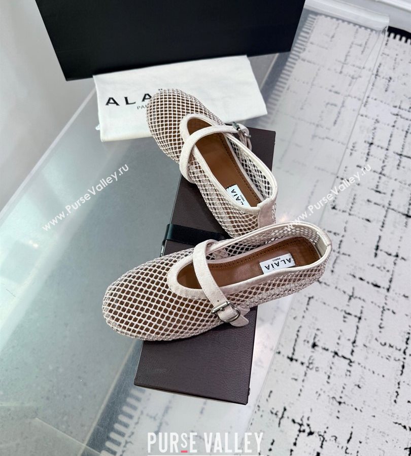 Alaia Ballet Flats in Fishnet and Suede Light Grey 2025 AL060602 (KER-250709014)
