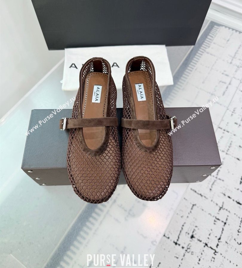 Alaia Ballet Flats in Fishnet and Suede Dark Brown 2025 AL060602 (KER-250709015)