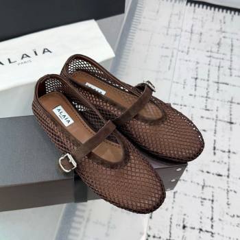 Alaia Ballet Flats in Fishnet and Suede Dark Brown 2025 AL060602 (KER-250709015)