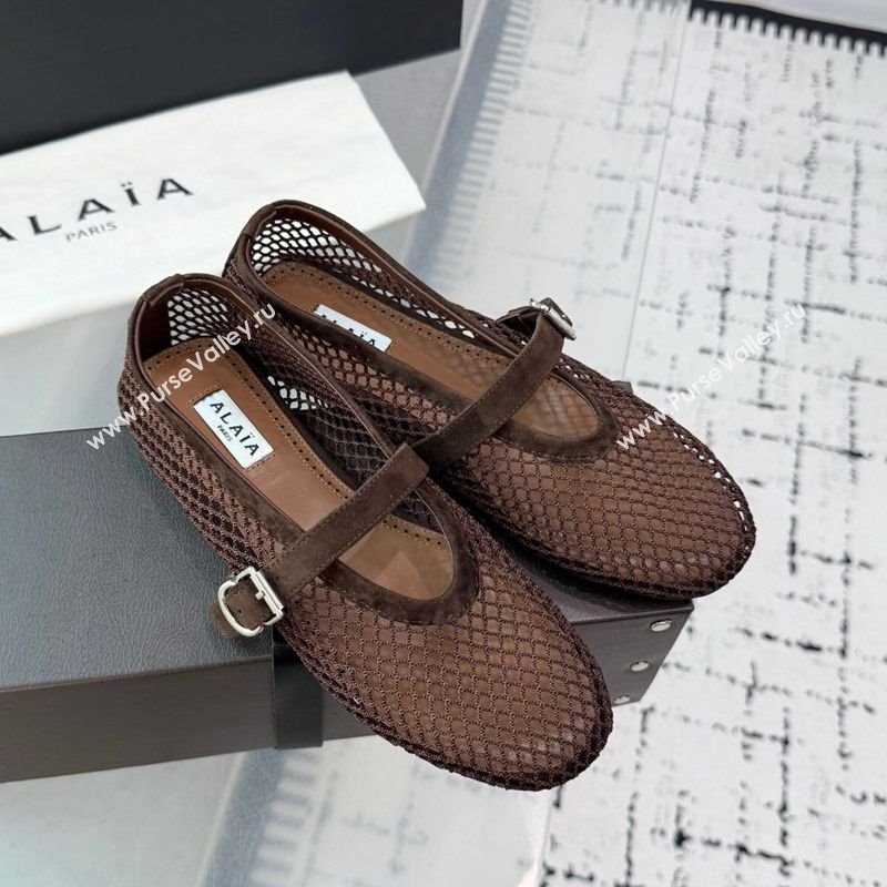 Alaia Ballet Flats in Fishnet and Suede Dark Brown 2025 AL060602 (KER-250709015)