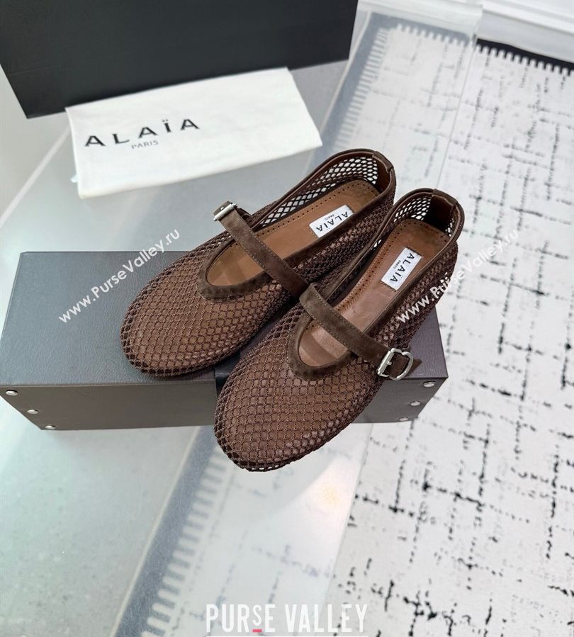 Alaia Ballet Flats in Fishnet and Suede Dark Brown 2025 AL060602 (KER-250709015)