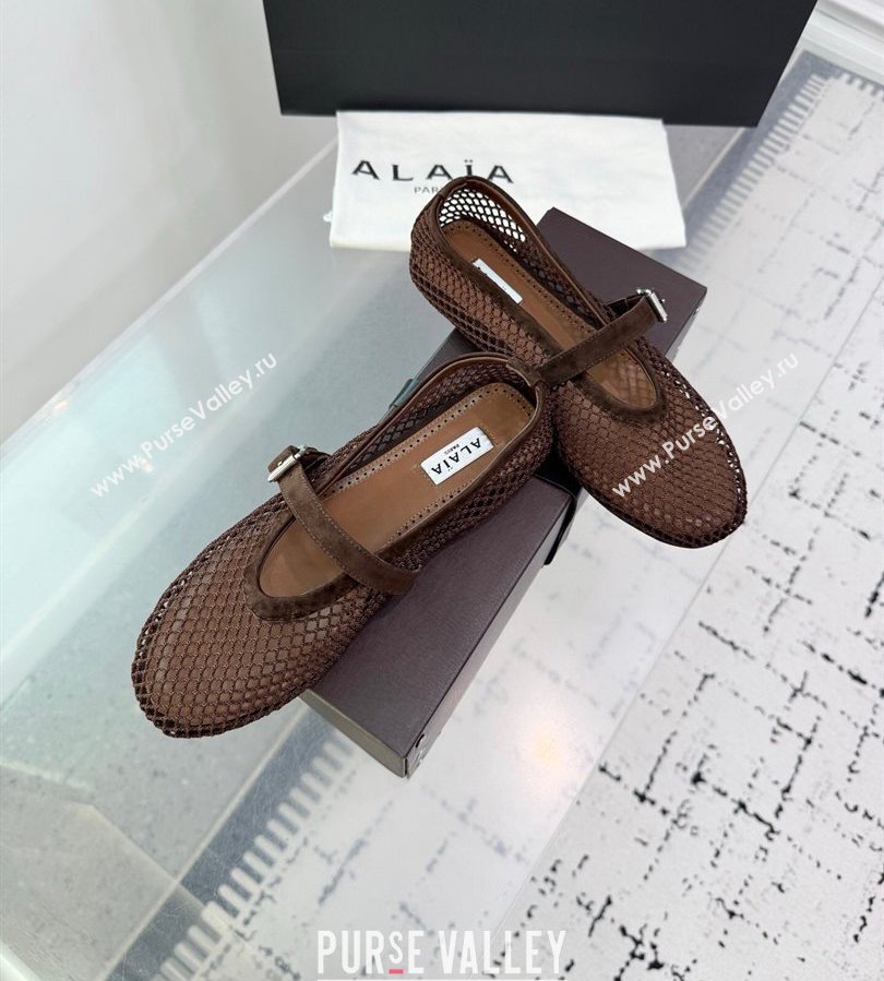 Alaia Ballet Flats in Fishnet and Suede Dark Brown 2025 AL060602 (KER-250709015)