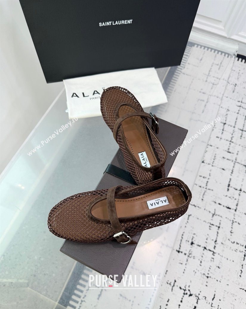 Alaia Ballet Flats in Fishnet and Suede Dark Brown 2025 AL060602 (KER-250709015)