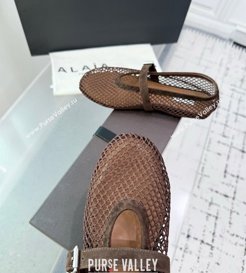 Alaia Ballet Flats in Fishnet and Suede Dark Brown 2025 AL060602 (KER-250709015)