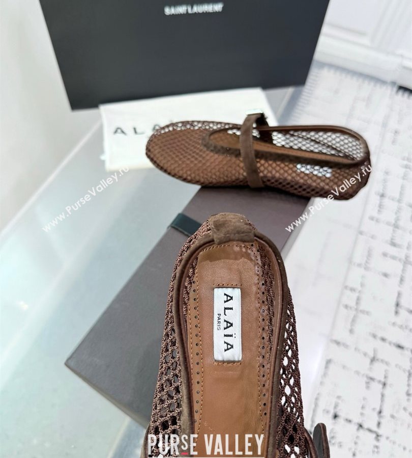 Alaia Ballet Flats in Fishnet and Suede Dark Brown 2025 AL060602 (KER-250709015)
