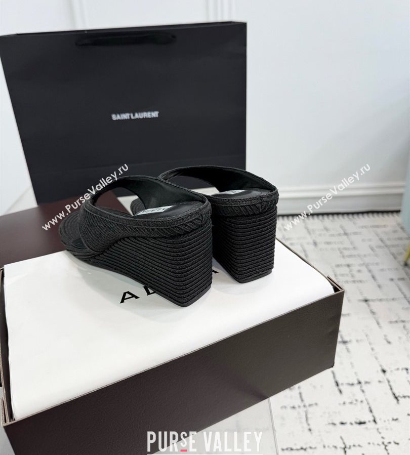 Alaia Cube Wedge Thong Slides Sandal 7.5cm in Raffia Straw Black 2025 AL060607 (KER-250709002)