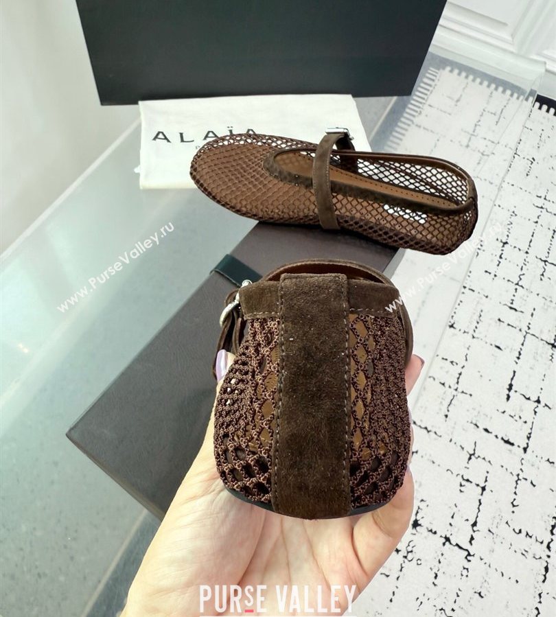 Alaia Ballet Flats in Fishnet and Suede Dark Brown 2025 AL060602 (KER-250709015)