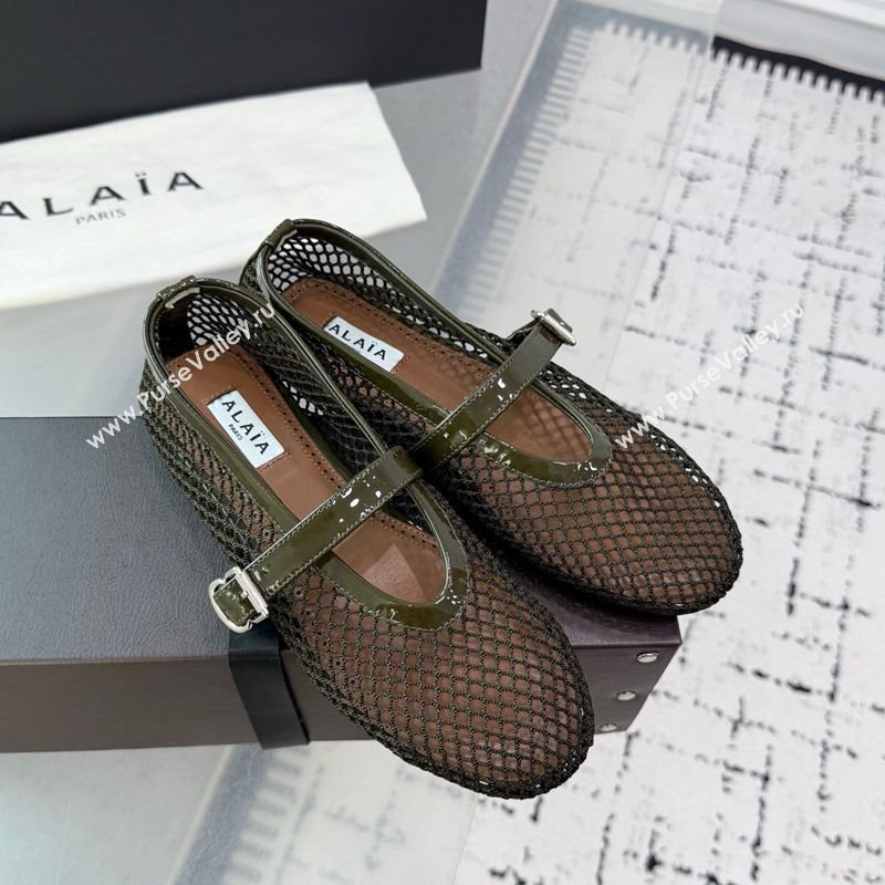 Alaia Ballet Flats in Fishnet and Patent Leather Olive Green 2025 AL060602 (KER-250709016)