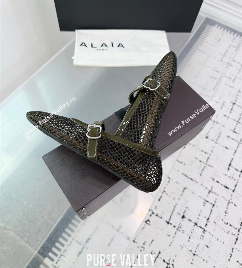 Alaia Ballet Flats in Fishnet and Patent Leather Olive Green 2025 AL060602 (KER-250709016)