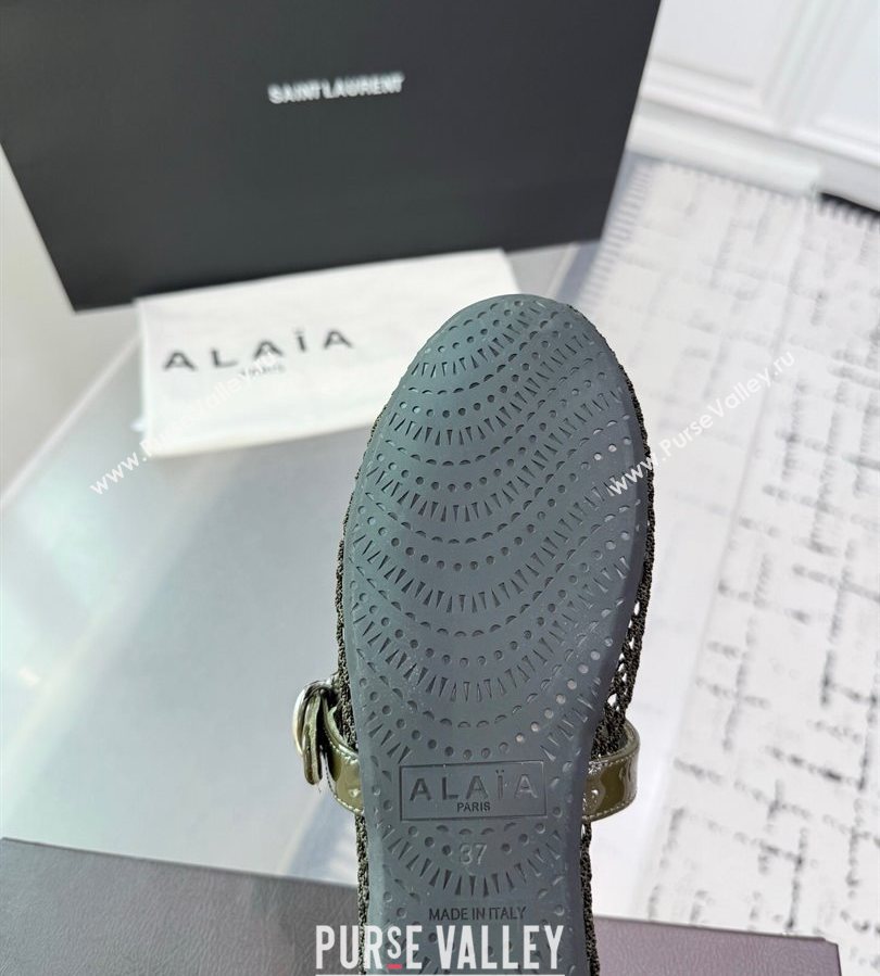 Alaia Ballet Flats in Fishnet and Patent Leather Olive Green 2025 AL060602 (KER-250709016)