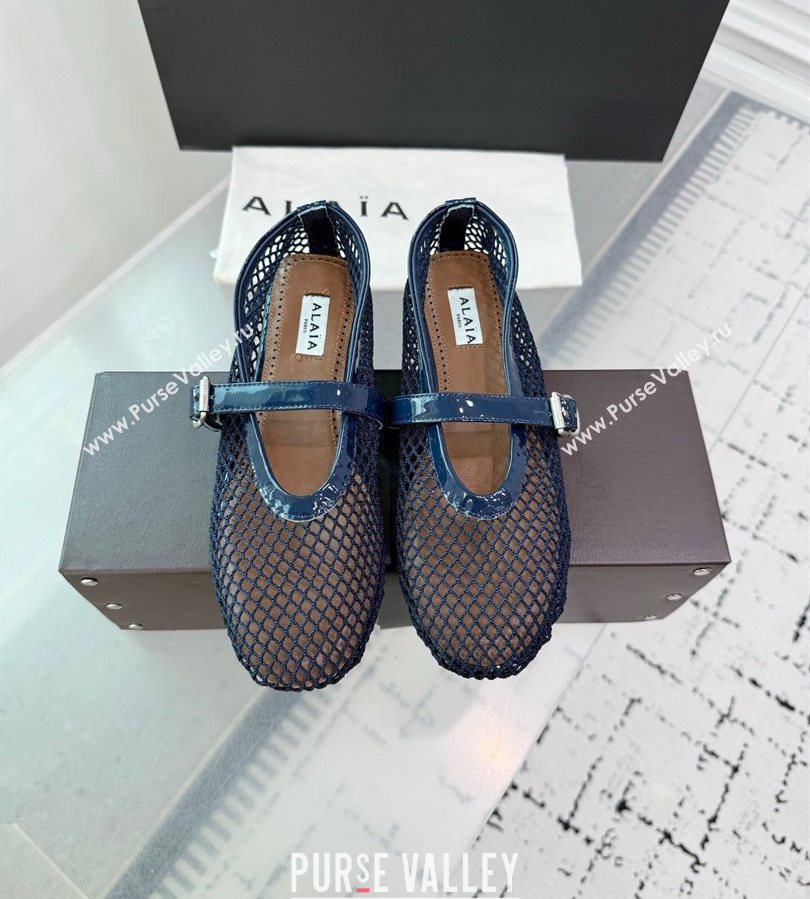 Alaia Ballet Flats in Fishnet and Patent Leather Indigo Blue 2025 AL060602 (KER-250709017)