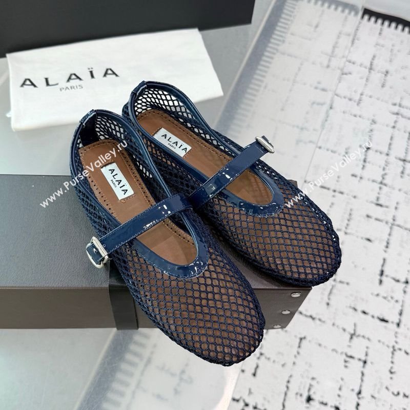 Alaia Ballet Flats in Fishnet and Patent Leather Indigo Blue 2025 AL060602 (KER-250709017)
