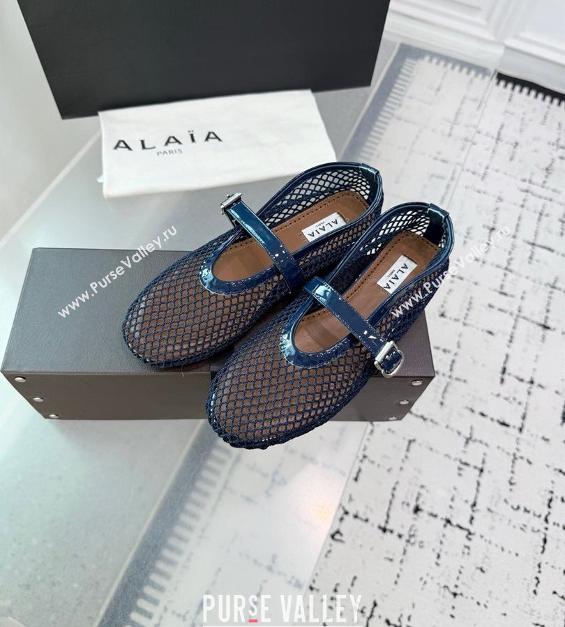 Alaia Ballet Flats in Fishnet and Patent Leather Indigo Blue 2025 AL060602 (KER-250709017)