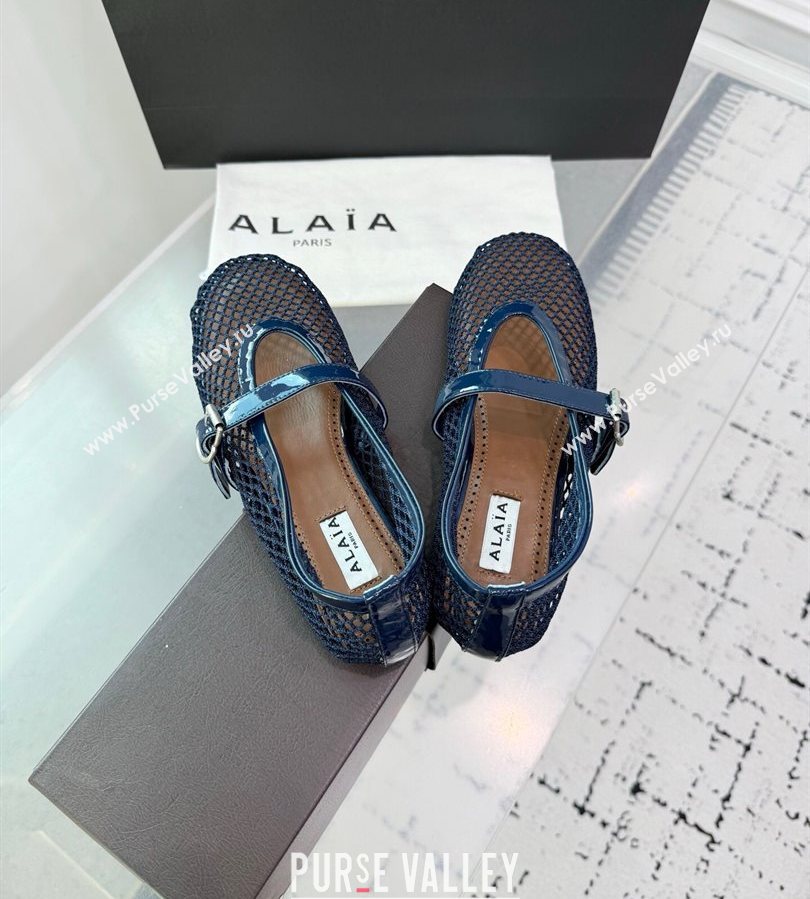 Alaia Ballet Flats in Fishnet and Patent Leather Indigo Blue 2025 AL060602 (KER-250709017)