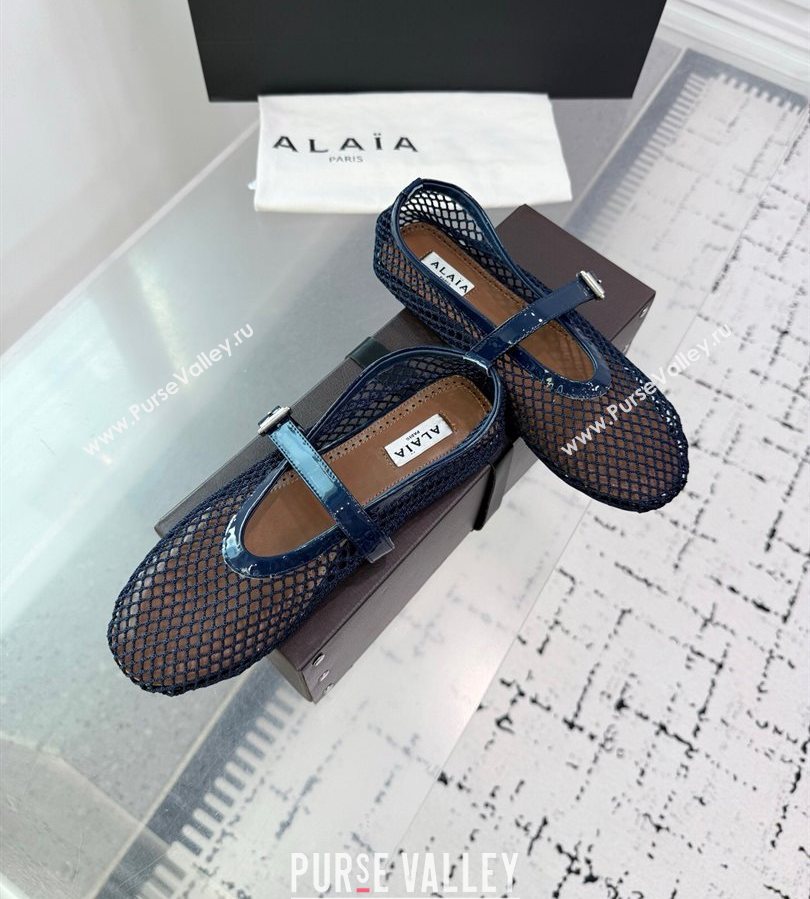 Alaia Ballet Flats in Fishnet and Patent Leather Indigo Blue 2025 AL060602 (KER-250709017)