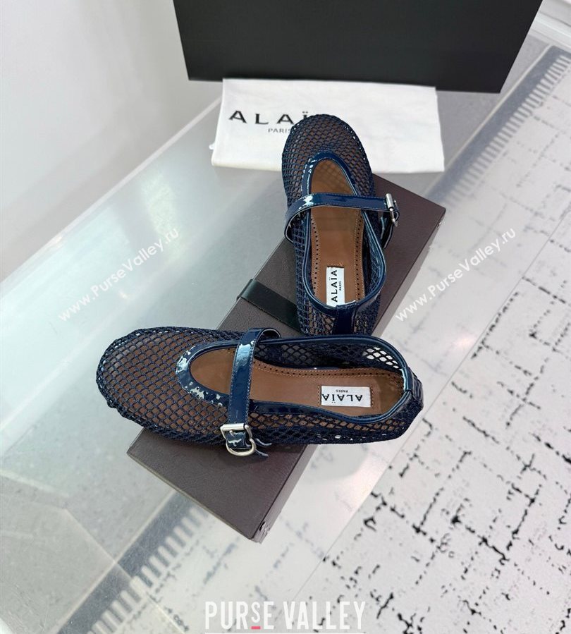 Alaia Ballet Flats in Fishnet and Patent Leather Indigo Blue 2025 AL060602 (KER-250709017)
