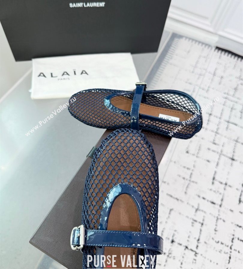 Alaia Ballet Flats in Fishnet and Patent Leather Indigo Blue 2025 AL060602 (KER-250709017)