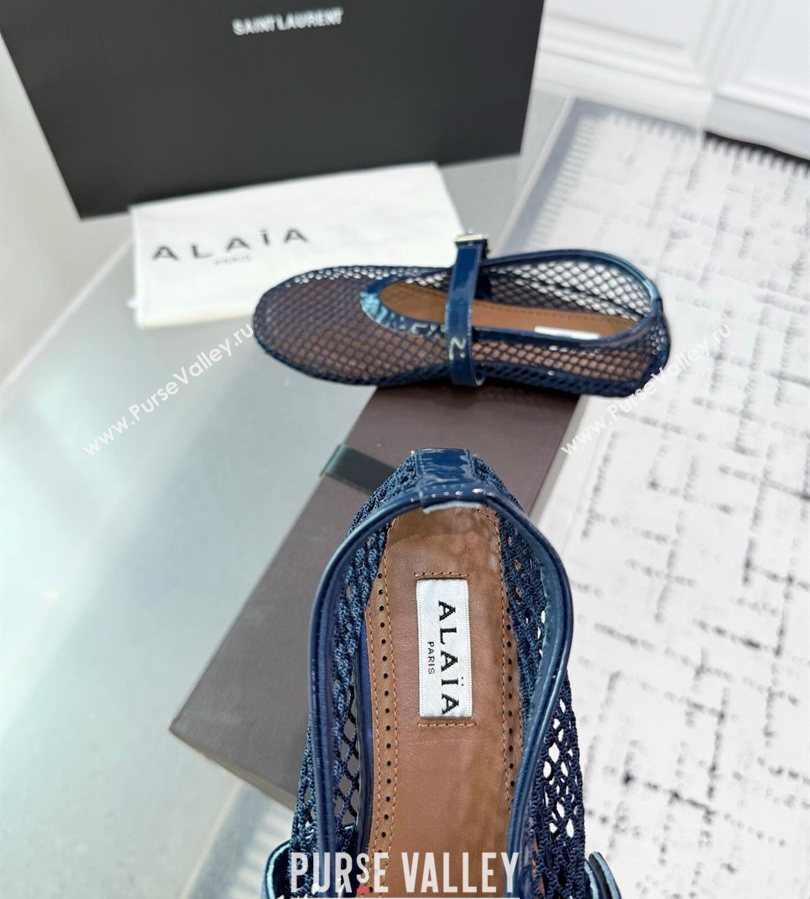 Alaia Ballet Flats in Fishnet and Patent Leather Indigo Blue 2025 AL060602 (KER-250709017)