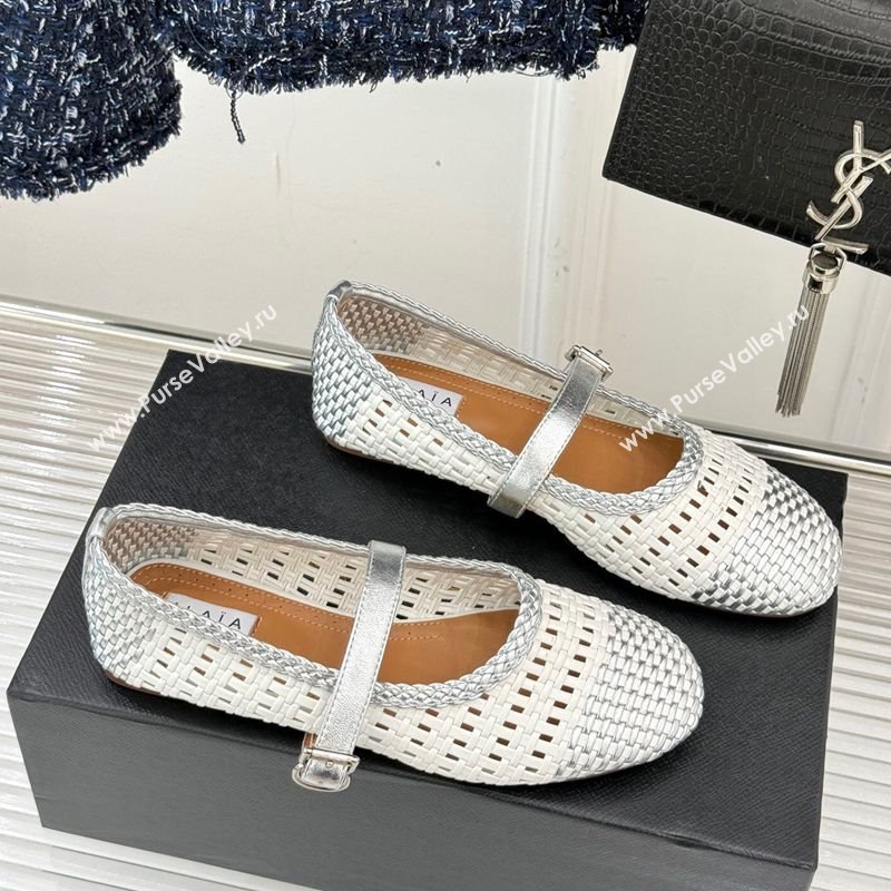 Alaia Ballet Flats in Woven Leather White/Silver 2025 AL070902 (syt-250709023)