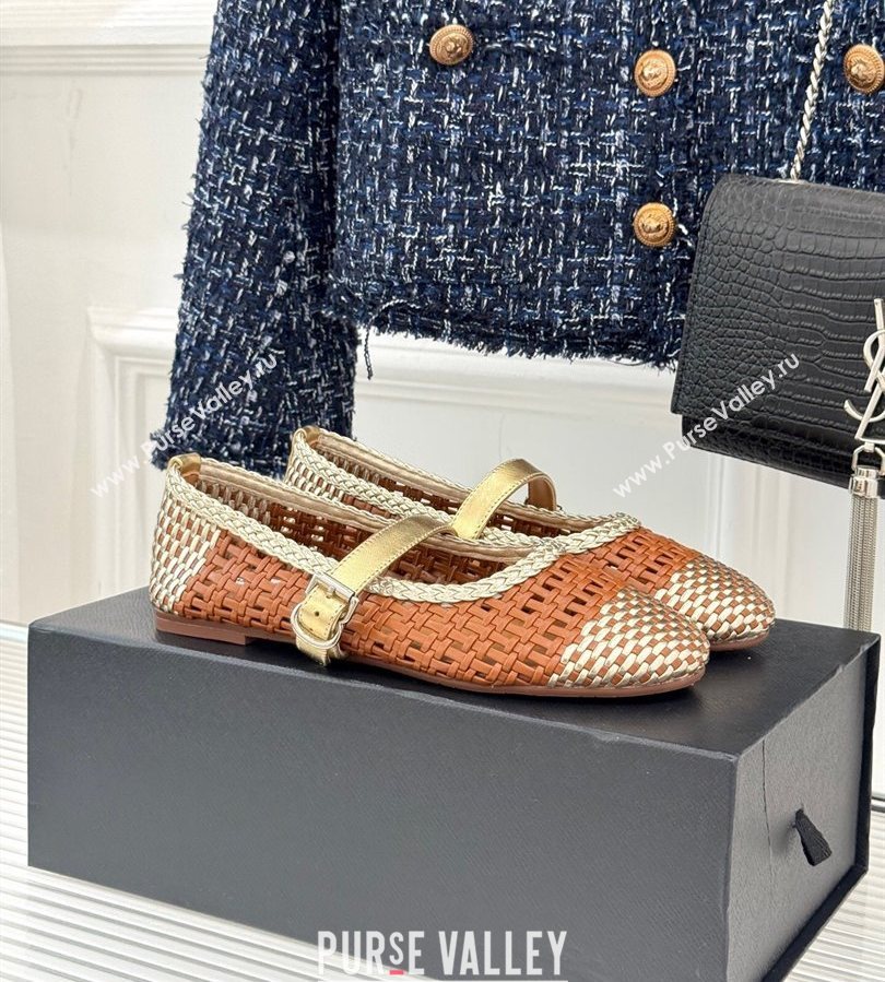 Alaia Ballet Flats in Woven Leather Brown/Gold 2025 AL070902 (syt-250709024)