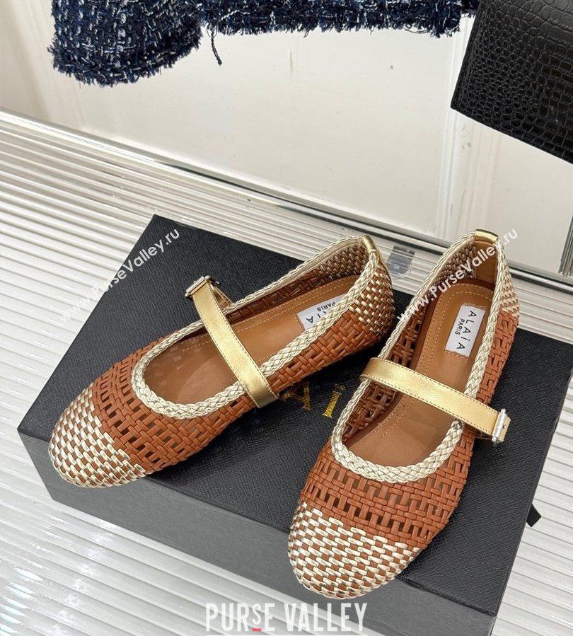 Alaia Ballet Flats in Woven Leather Brown/Gold 2025 AL070902 (syt-250709024)