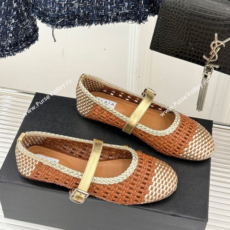 Alaia Ballet Flats in Woven Leather Brown/Gold 2025 AL070902 (syt-250709024)