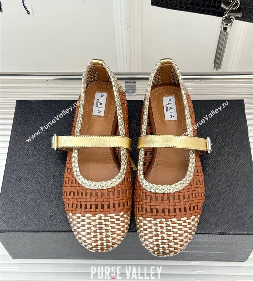 Alaia Ballet Flats in Woven Leather Brown/Gold 2025 AL070902 (syt-250709024)