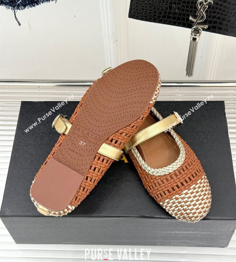 Alaia Ballet Flats in Woven Leather Brown/Gold 2025 AL070902 (syt-250709024)