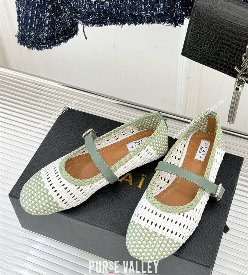 Alaia Ballet Flats in Woven Leather White/Green 2025 AL070902 (syt-250709025)