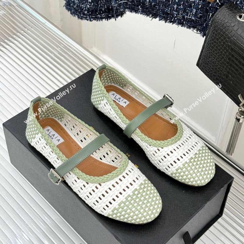 Alaia Ballet Flats in Woven Leather White/Green 2025 AL070902 (syt-250709025)