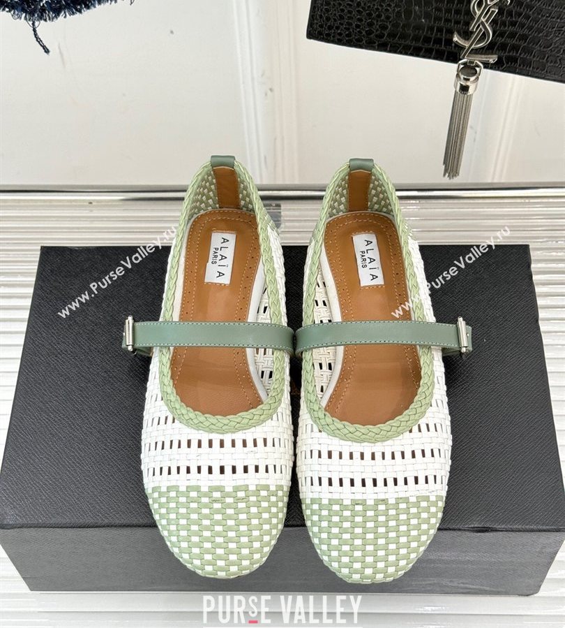 Alaia Ballet Flats in Woven Leather White/Green 2025 AL070902 (syt-250709025)