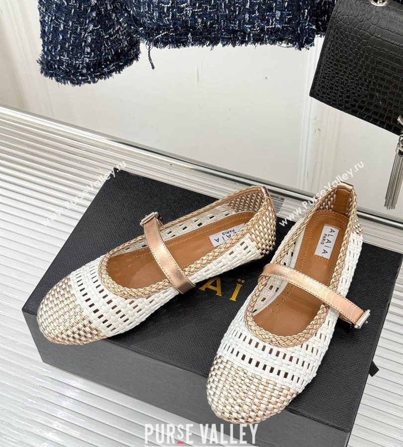 Alaia Ballet Flats in Woven Leather White/Gold 2025 AL070902 (syt-250709026)