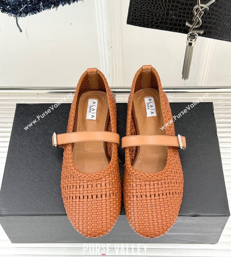 Alaia Ballet Flats in Woven Leather Tan Brown 2025 AL070902 (syt-250709030)