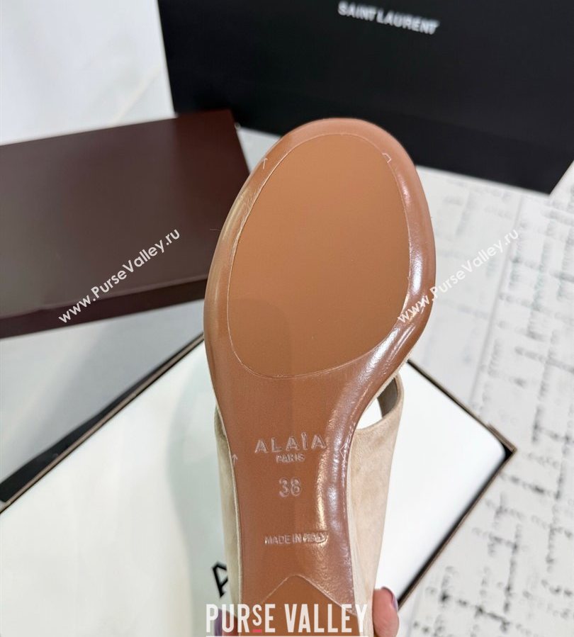 Alaia Cube Wedge Thong Slides Sandal 7.5cm in Suede Beige 2025 AL060607 (KER-250709003)