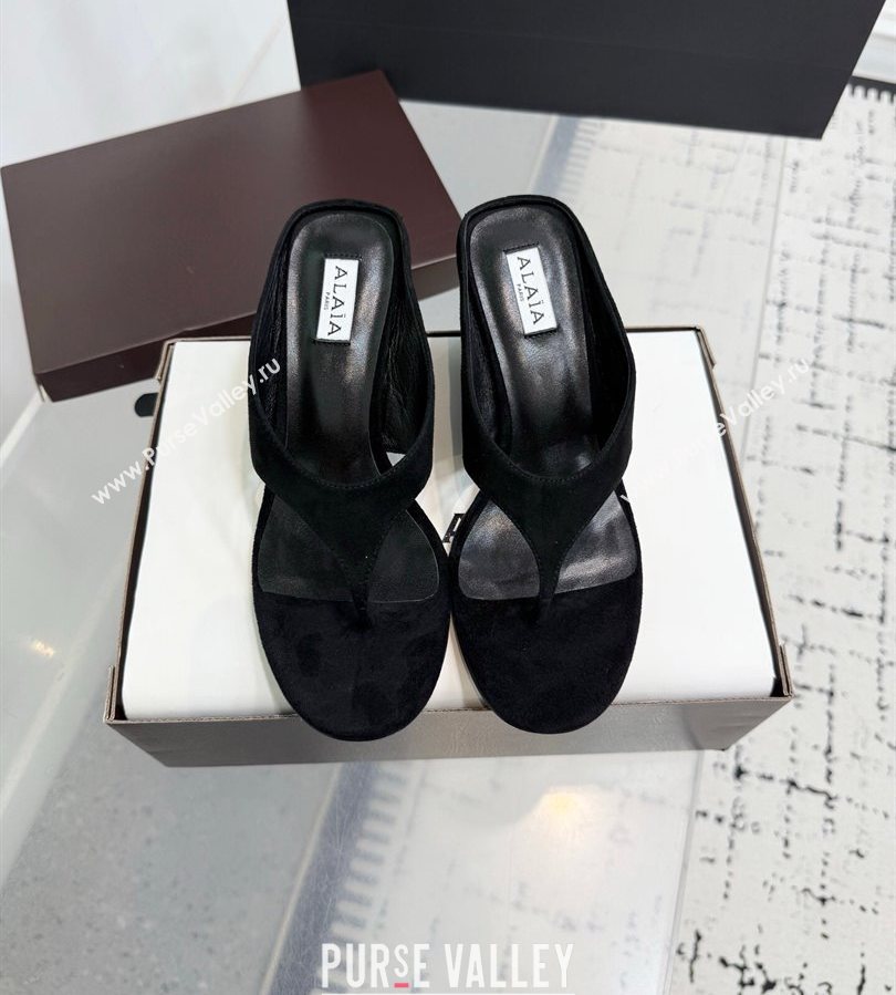 Alaia Cube Wedge Thong Slides Sandal 7.5cm in Suede Black 2025 AL060607 (KER-250709004)