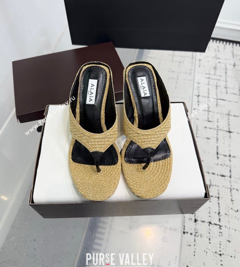 Alaia Cube Wedge Thong Slides Sandal 7.5cm in Raffia Straw Beige 2025 AL060607 (KER-250709001)