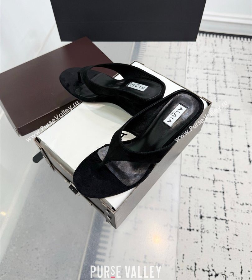 Alaia Cube Wedge Thong Slides Sandal 7.5cm in Suede Black 2025 AL060607 (KER-250709004)
