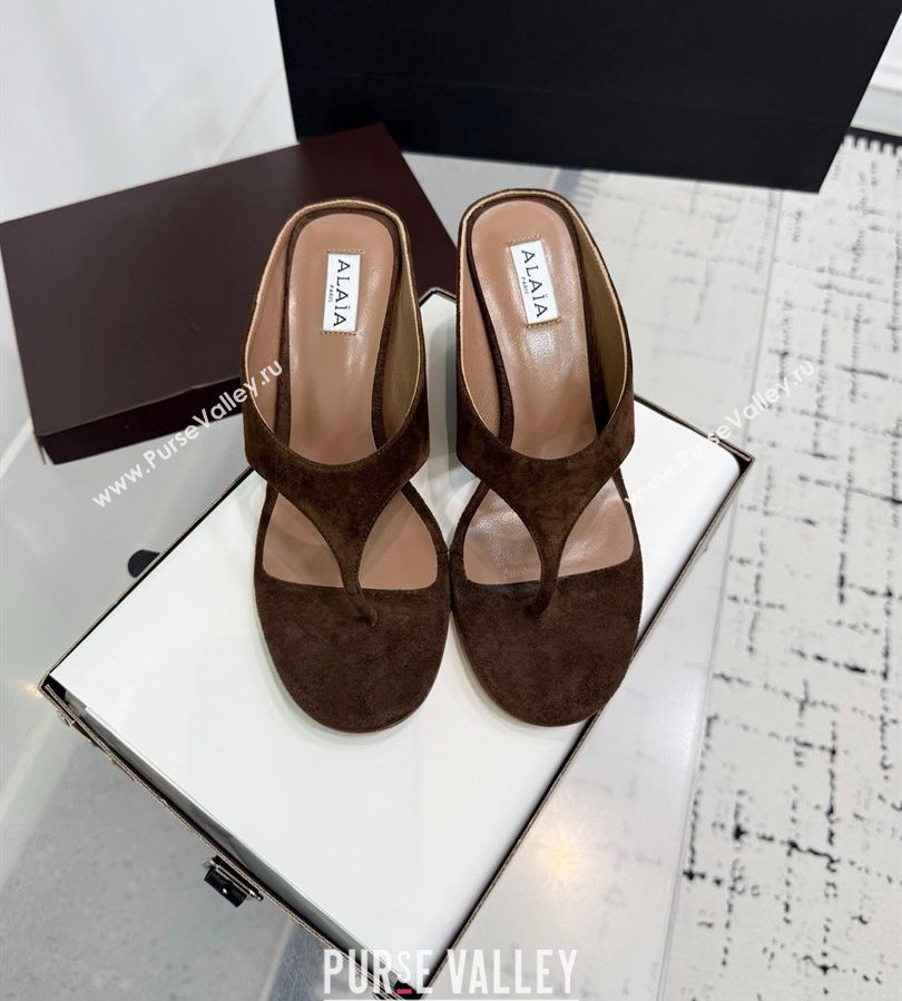 Alaia Cube Wedge Thong Slides Sandal 7.5cm in Suede Brown 2025 AL060607 (KER-250709005)