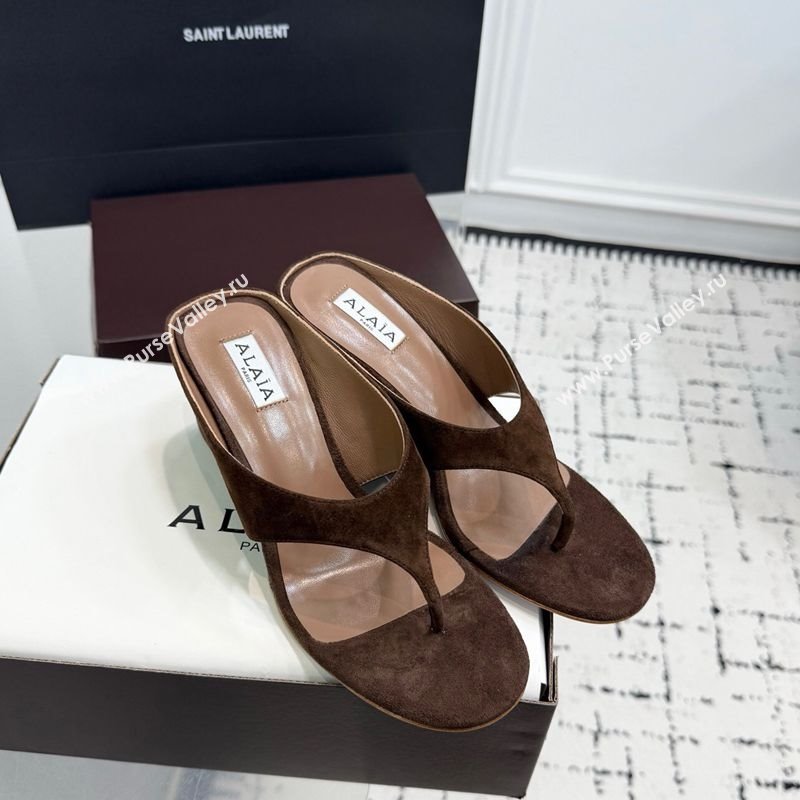 Alaia Cube Wedge Thong Slides Sandal 7.5cm in Suede Brown 2025 AL060607 (KER-250709005)