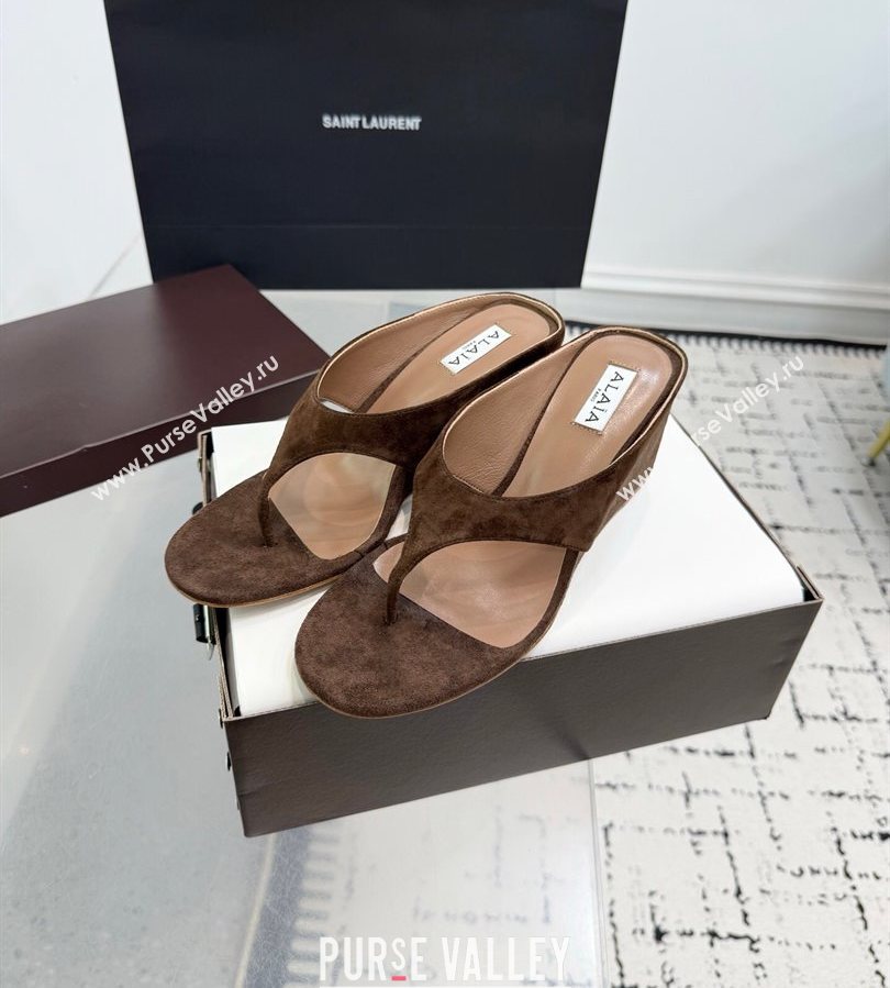 Alaia Cube Wedge Thong Slides Sandal 7.5cm in Suede Brown 2025 AL060607 (KER-250709005)