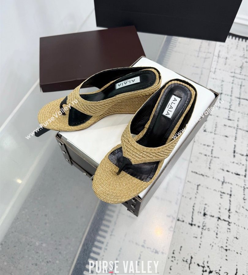 Alaia Cube Wedge Thong Slides Sandal 7.5cm in Raffia Straw Beige 2025 AL060607 (KER-250709001)