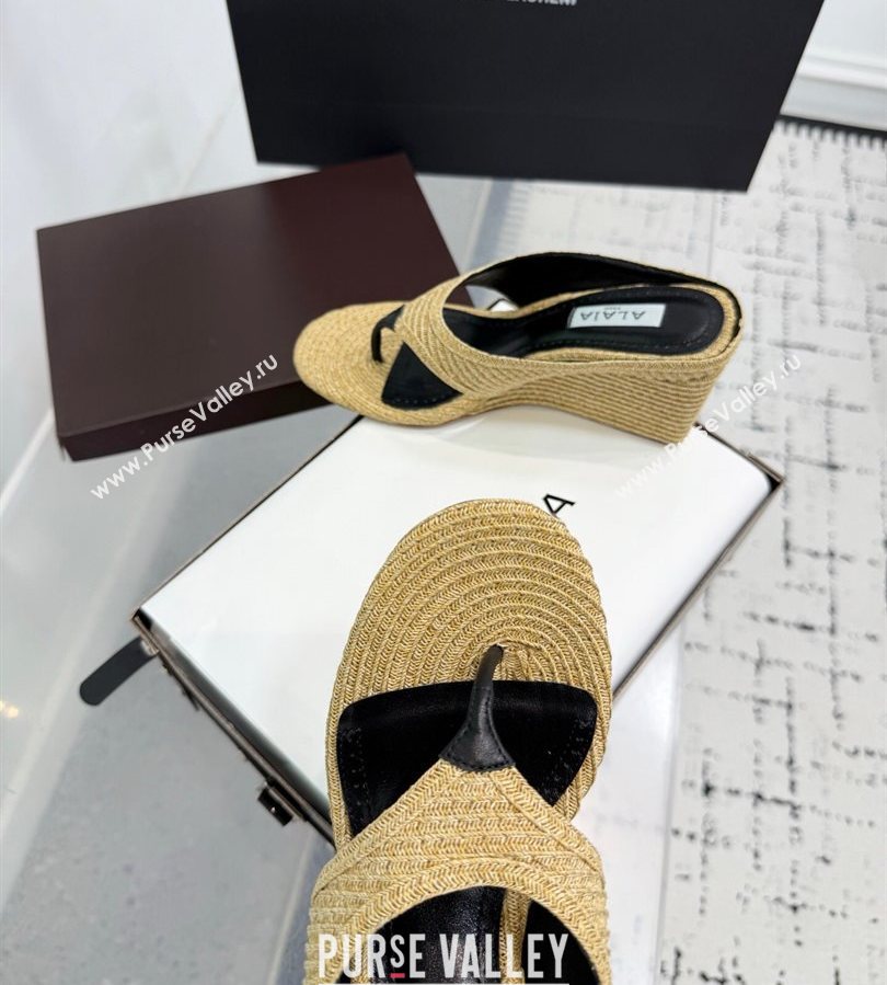 Alaia Cube Wedge Thong Slides Sandal 7.5cm in Raffia Straw Beige 2025 AL060607 (KER-250709001)