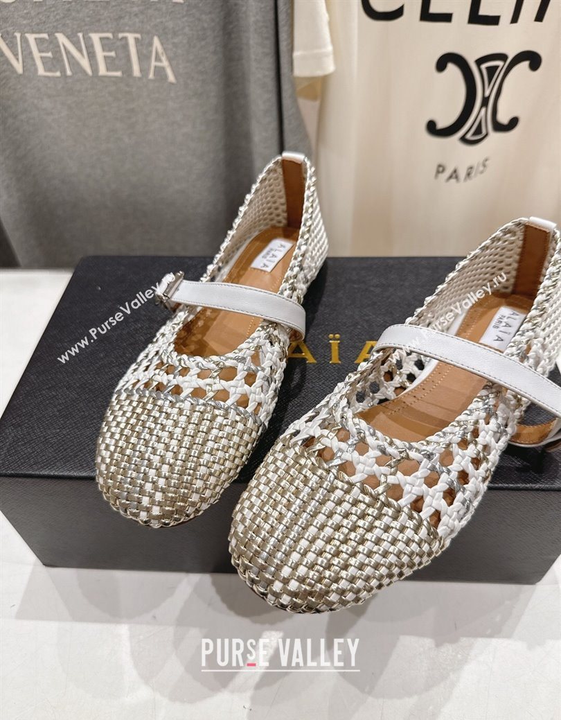 Alaia Woven Ballet Flats White/Light Gold 2025 AL070902 (syt-250827086)