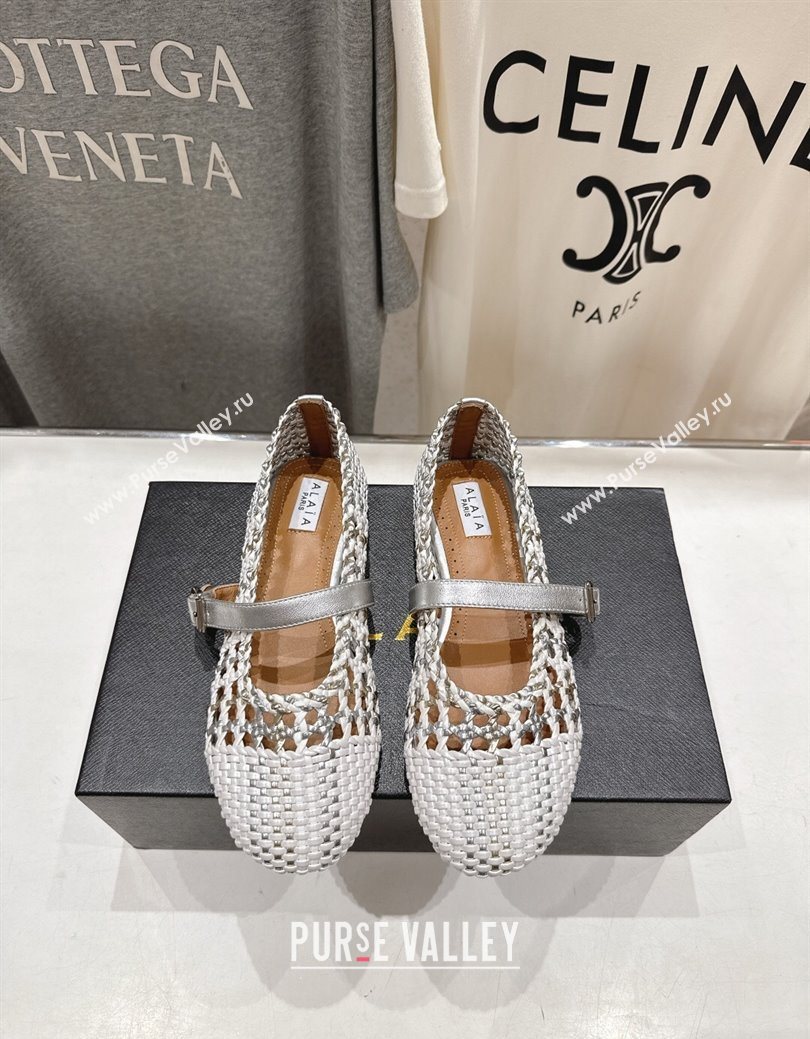 Alaia Woven Ballet Flats White/Silver 2025 AL070902 (syt-250827088)