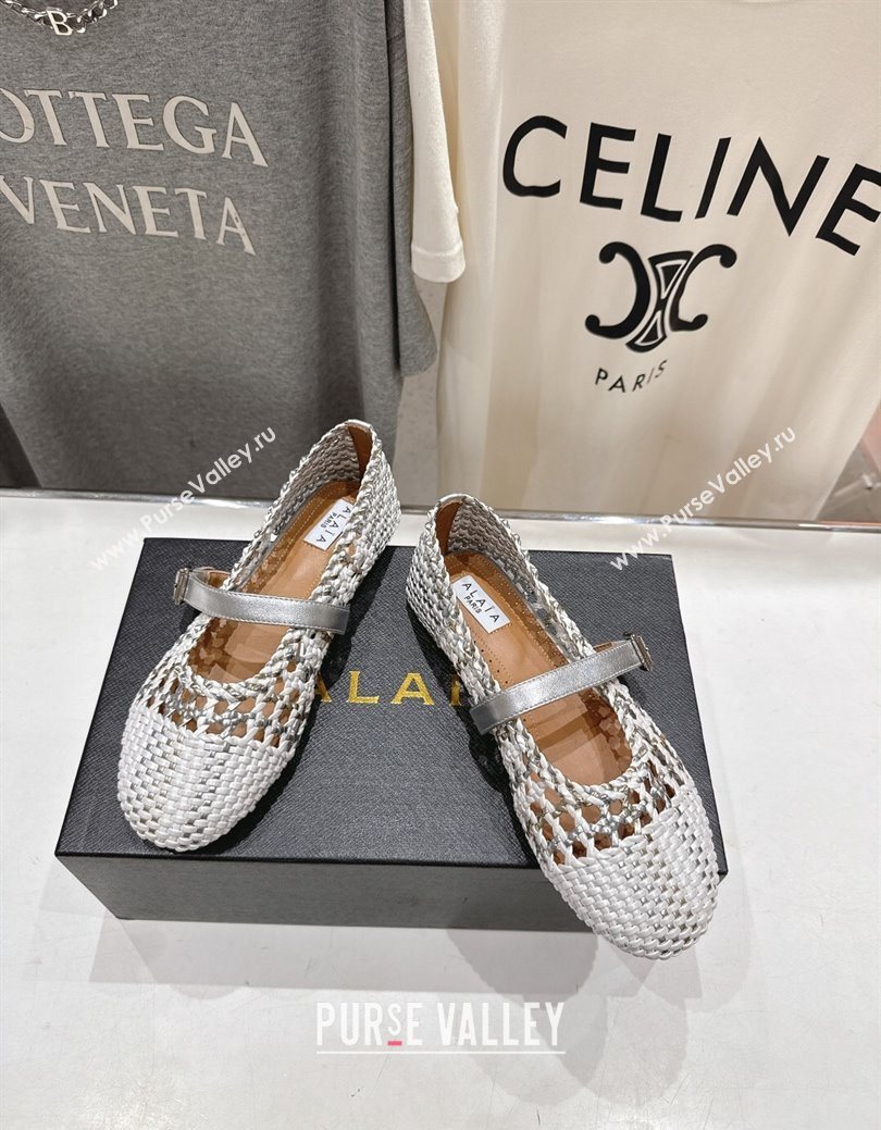 Alaia Woven Ballet Flats White/Silver 2025 AL070902 (syt-250827088)