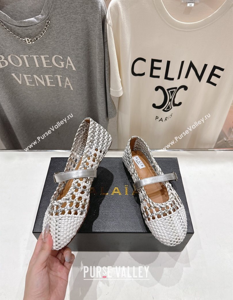 Alaia Woven Ballet Flats White/Silver 2025 AL070902 (syt-250827088)