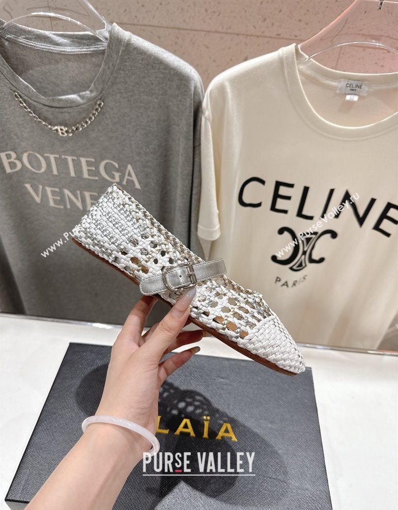 Alaia Woven Ballet Flats White/Silver 2025 AL070902 (syt-250827088)